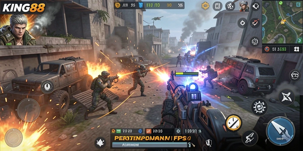Screenshot KING88 menampilkan aksi menegangkan dalam pertempuran FPS.