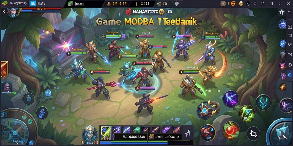 Screenshot NANASTOTO menampilkan pertempuran seru dalam arena MOBA.